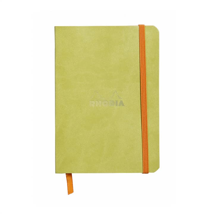 Light green colored rhodia journal with orange strap.