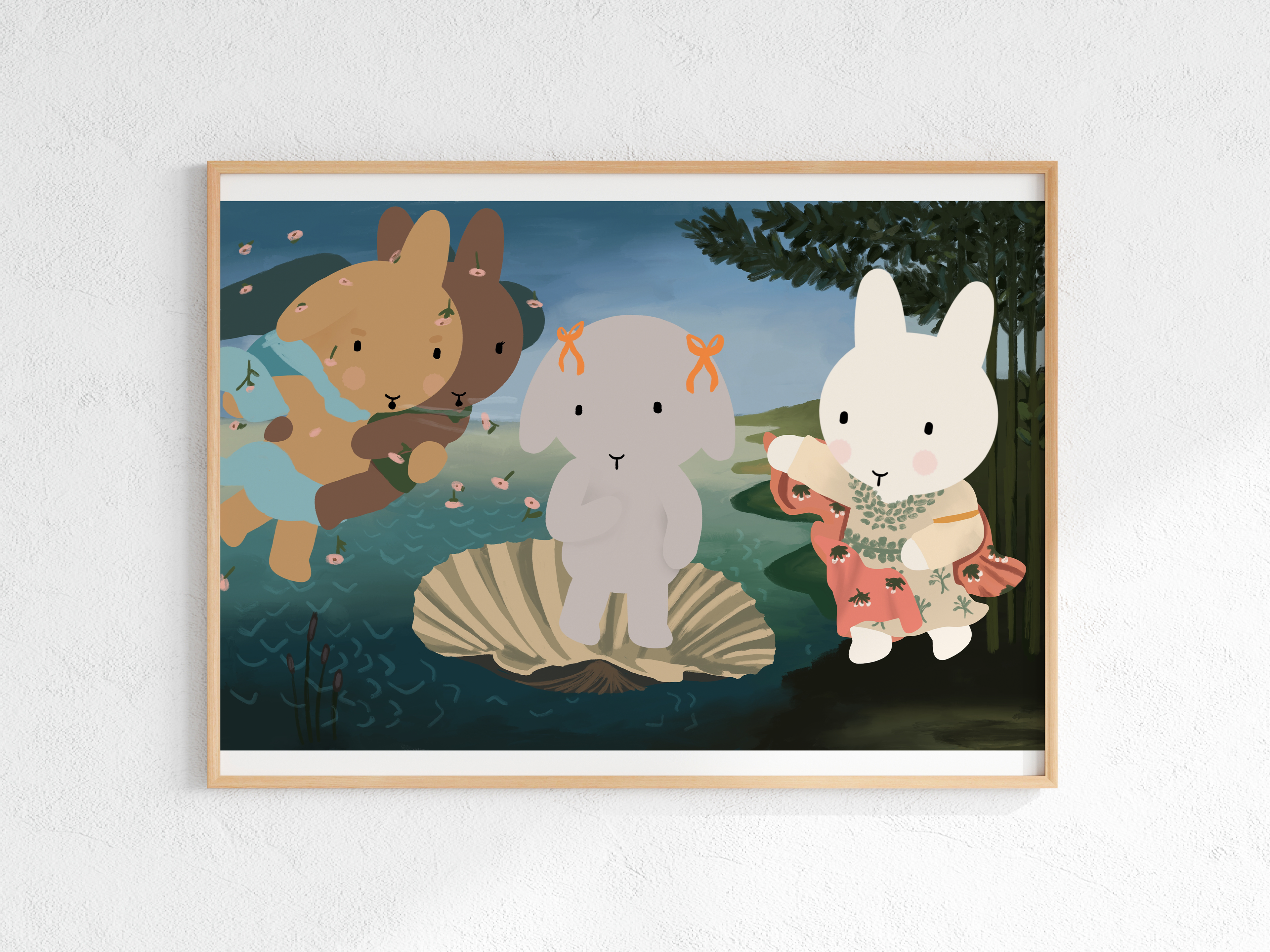 Winnie the bun, a gray holland lop bunny, with orange bows on, poses as Venus in a "Birth of Venus" painting. Also shown with Clem the bun, Claude the bun and Luna the bun, shown as various gods/goddesses.