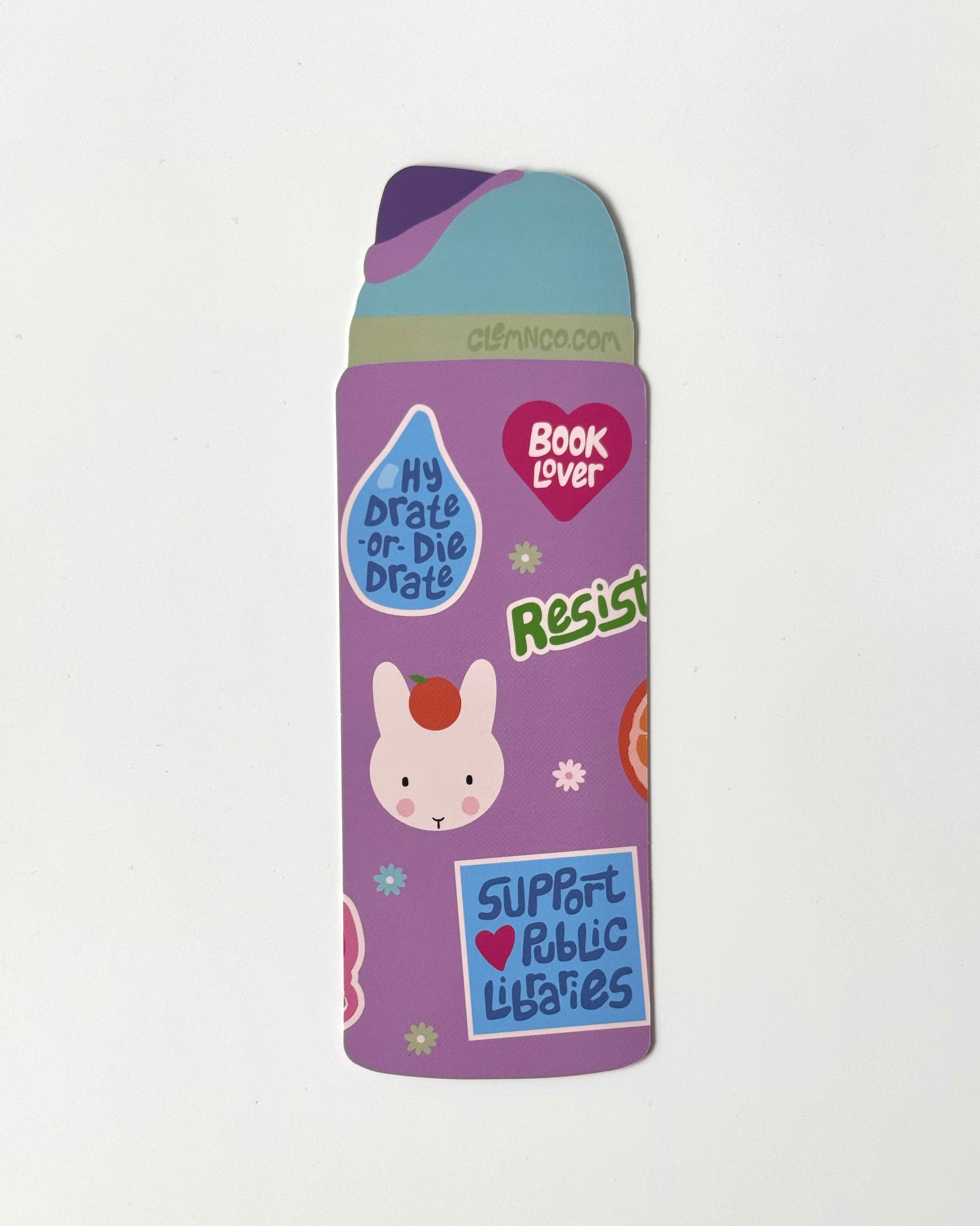 Illustrated purple water bottle shaped bookmark with bookish themed stickers.