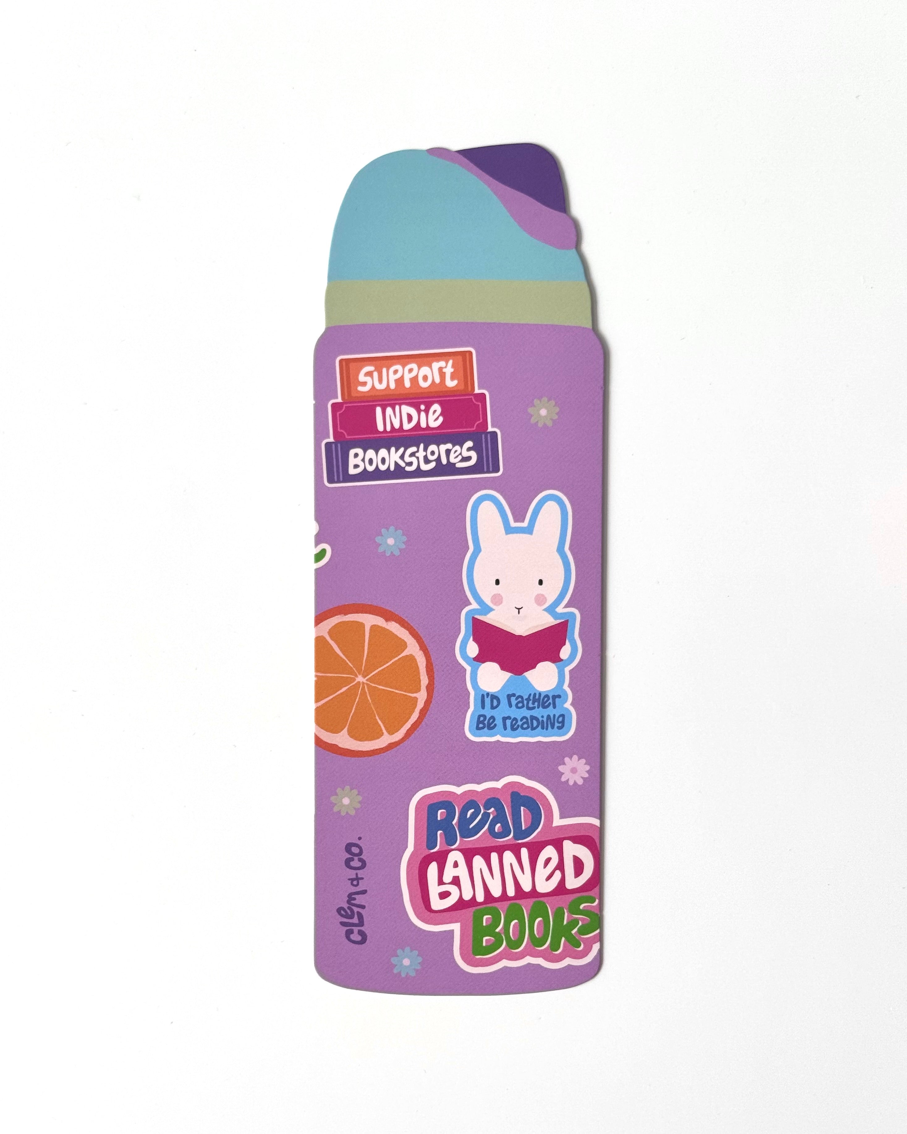 Illustrated purple water bottle shaped bookmark with bookish themed stickers.