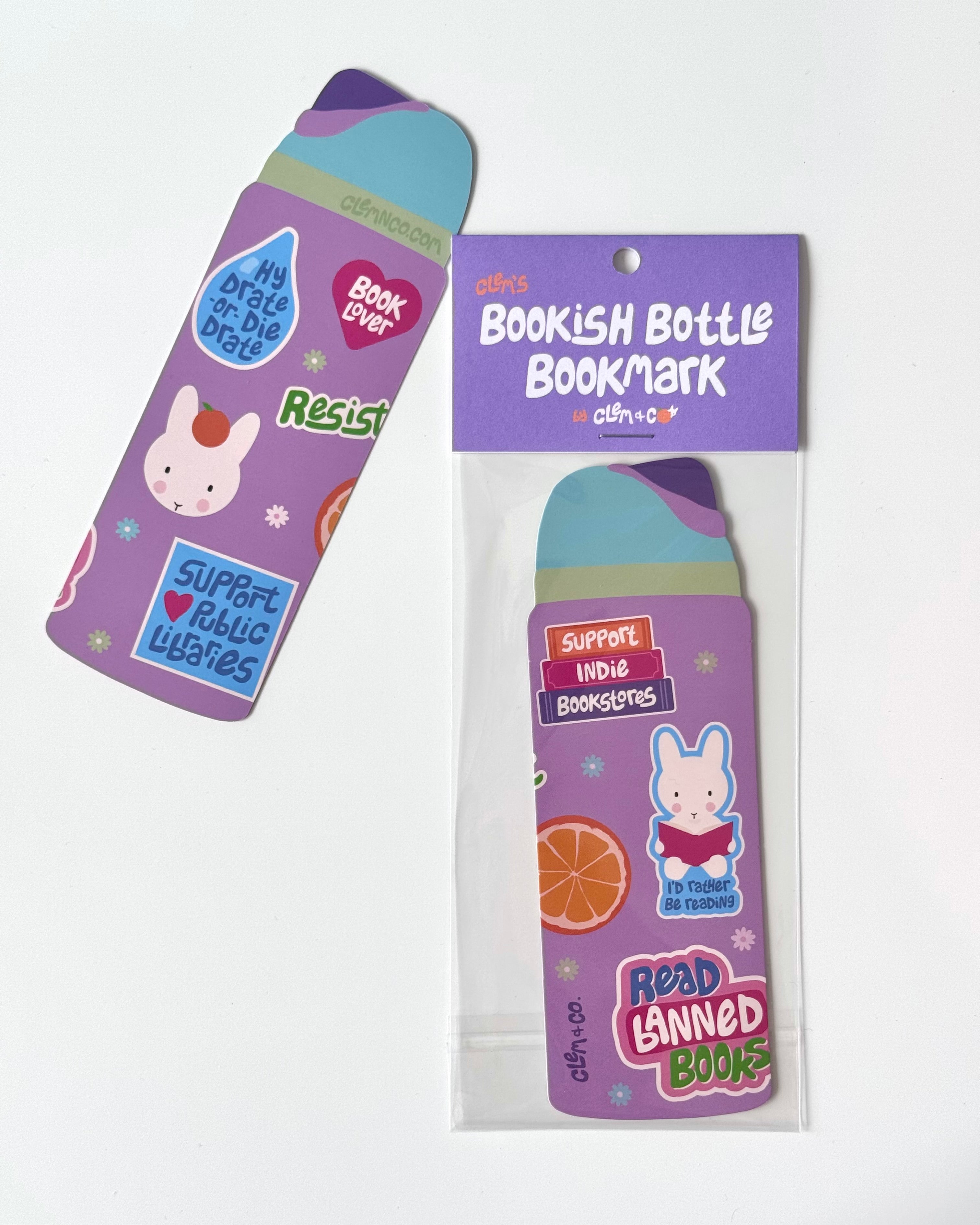 Illustrated purple water bottle shaped bookmark with bookish themed stickers with packaging.