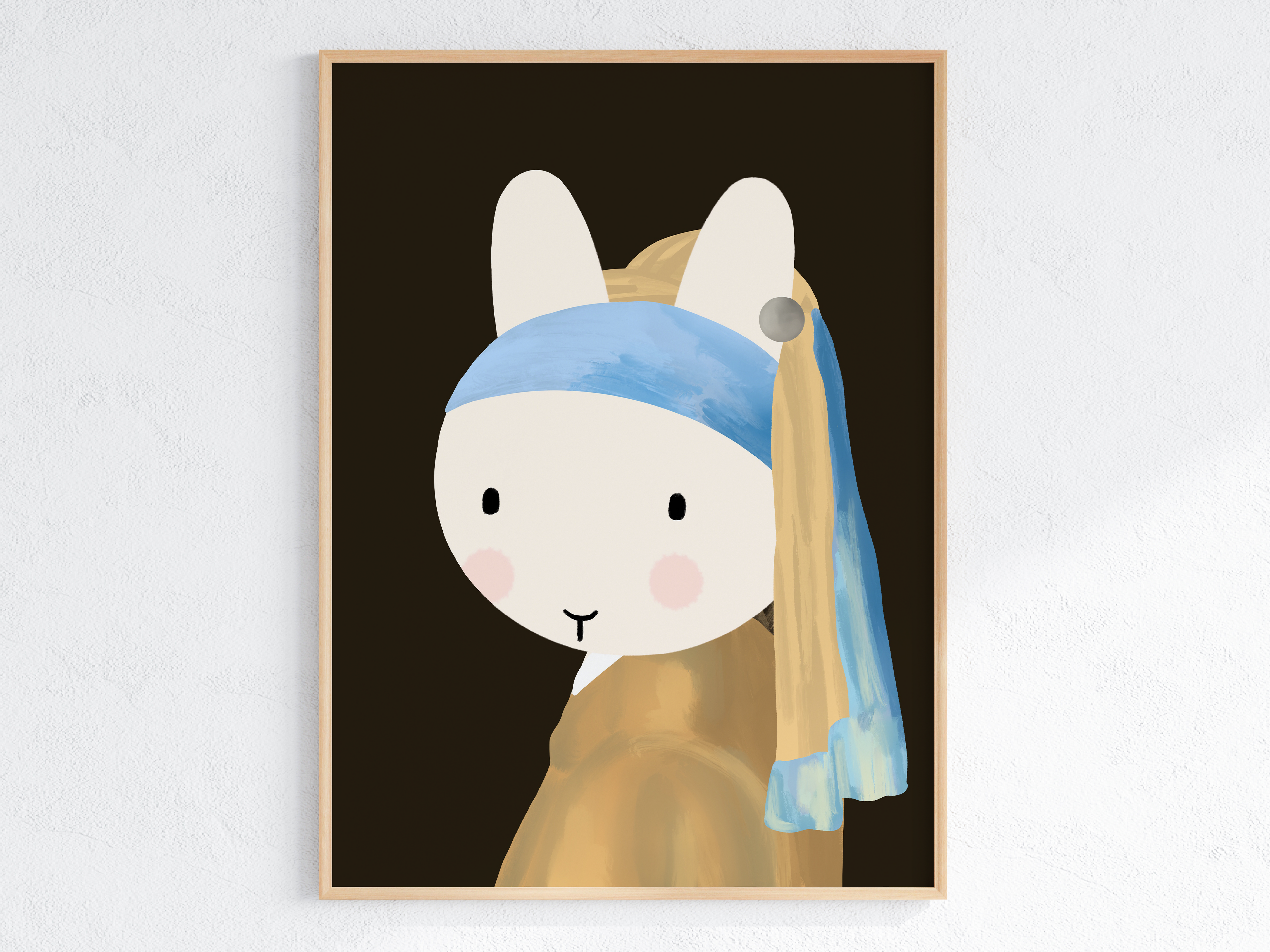 Clem the bun, a white bunny, dressed as "The Girl with a Pearl Earring" Painting with a black background.