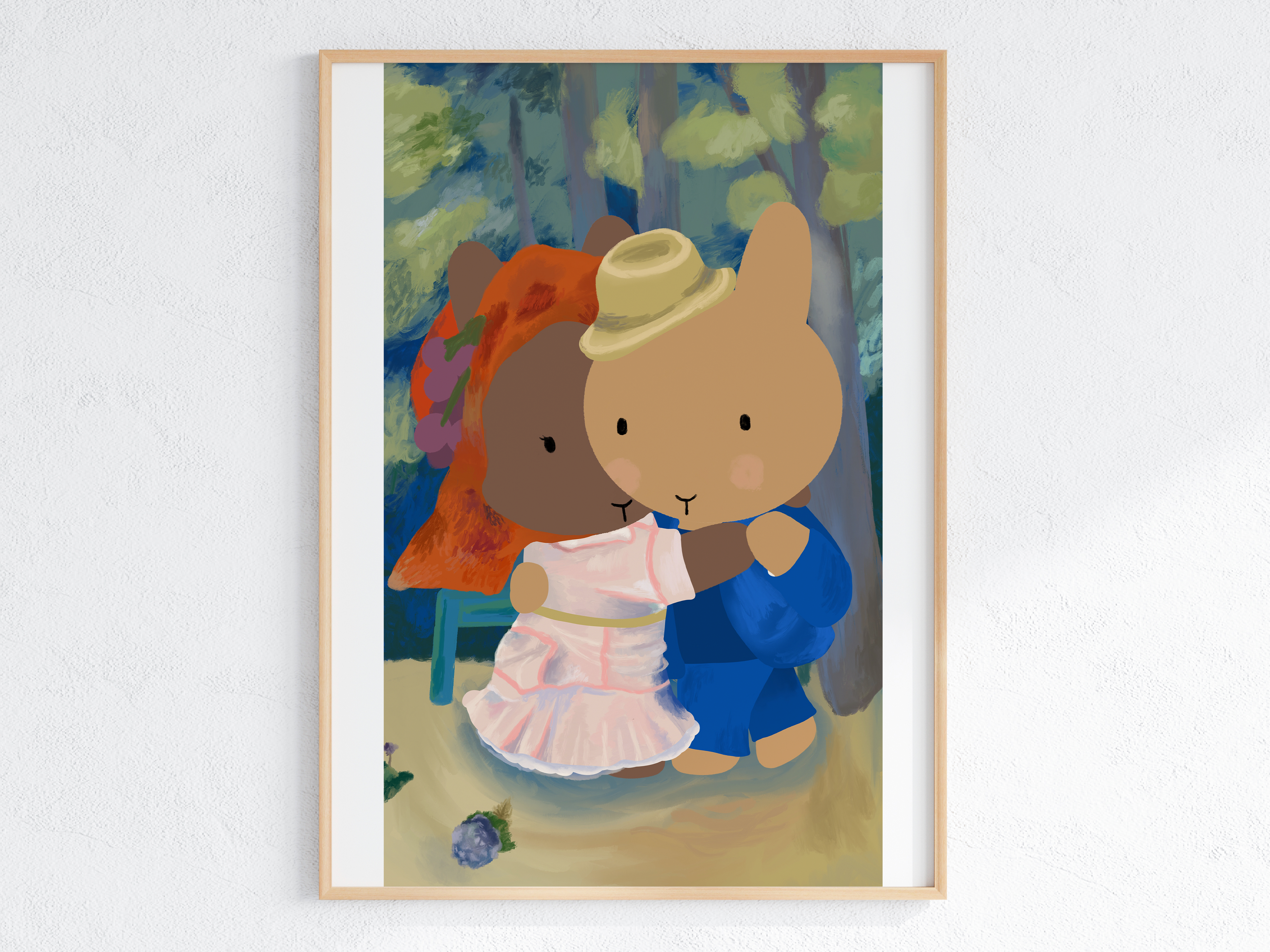 Claude the bun is shown with a blue suit and hat dancing with Luna the bun, wearing a pink dress and orange hair wrap with fruit. Wispy trees make up a dreamy background and flowers are strewn on the ground.