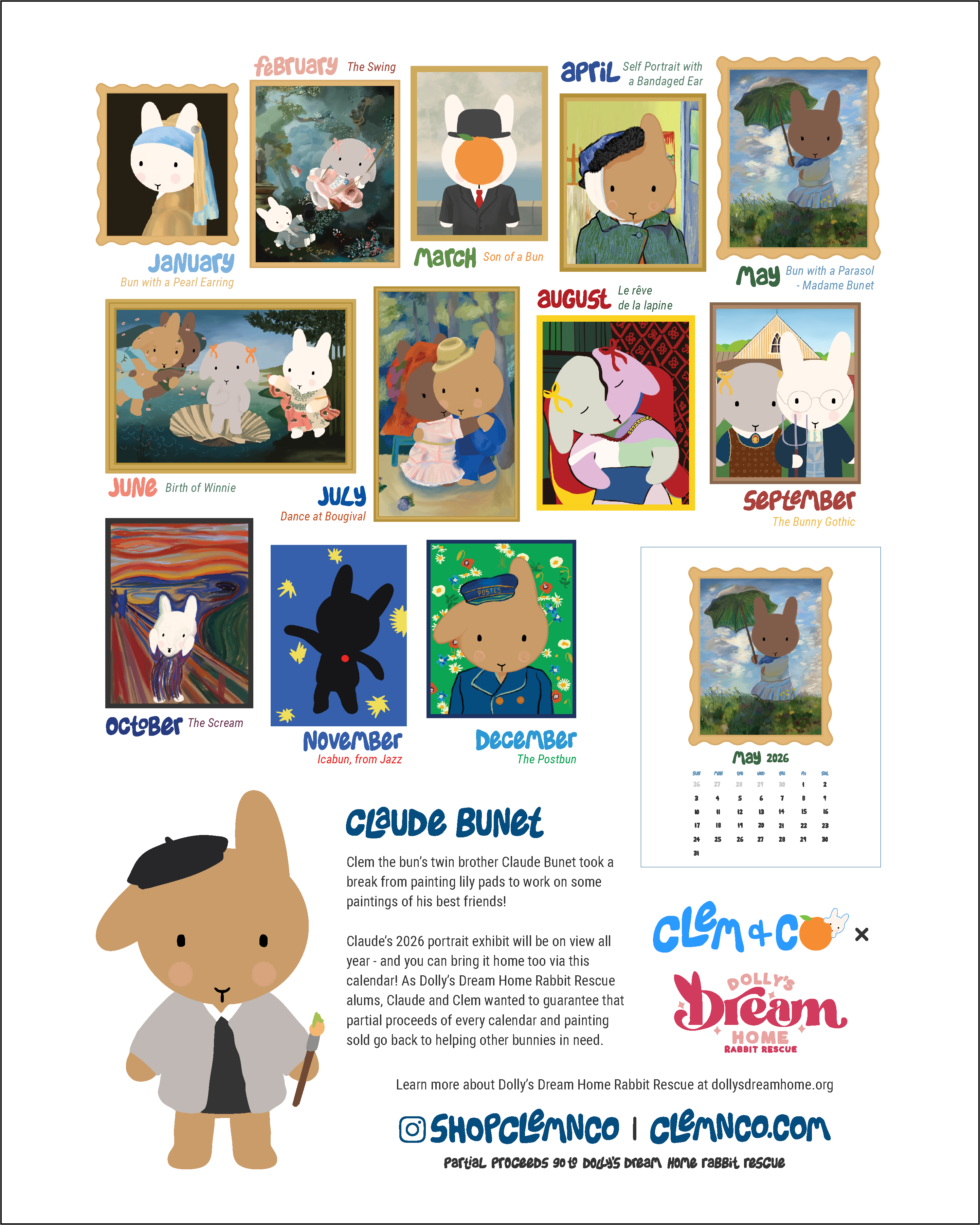 2026 Desktop Bunny Art Calendar: "Masterpieces by Claude Bunet"