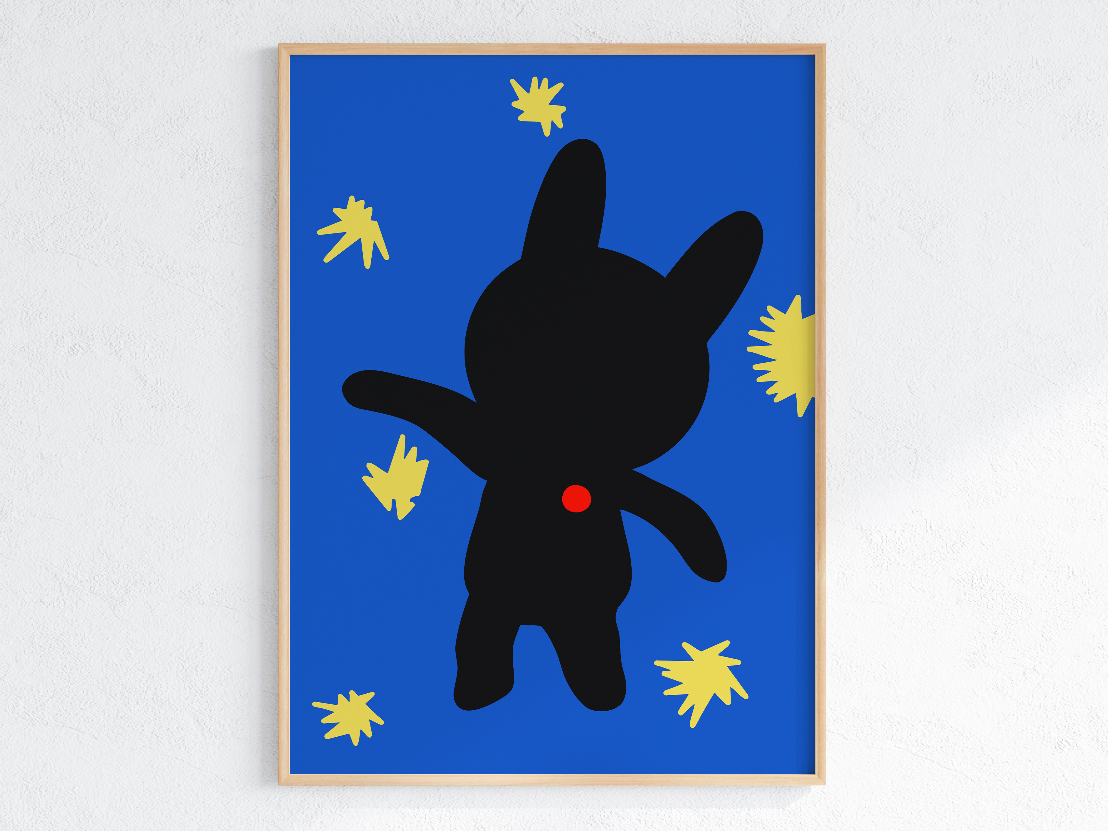 A black silhouette of Clem the bun is shown with a red circle on her chest, amongst yellow abstract stars on a blue background.