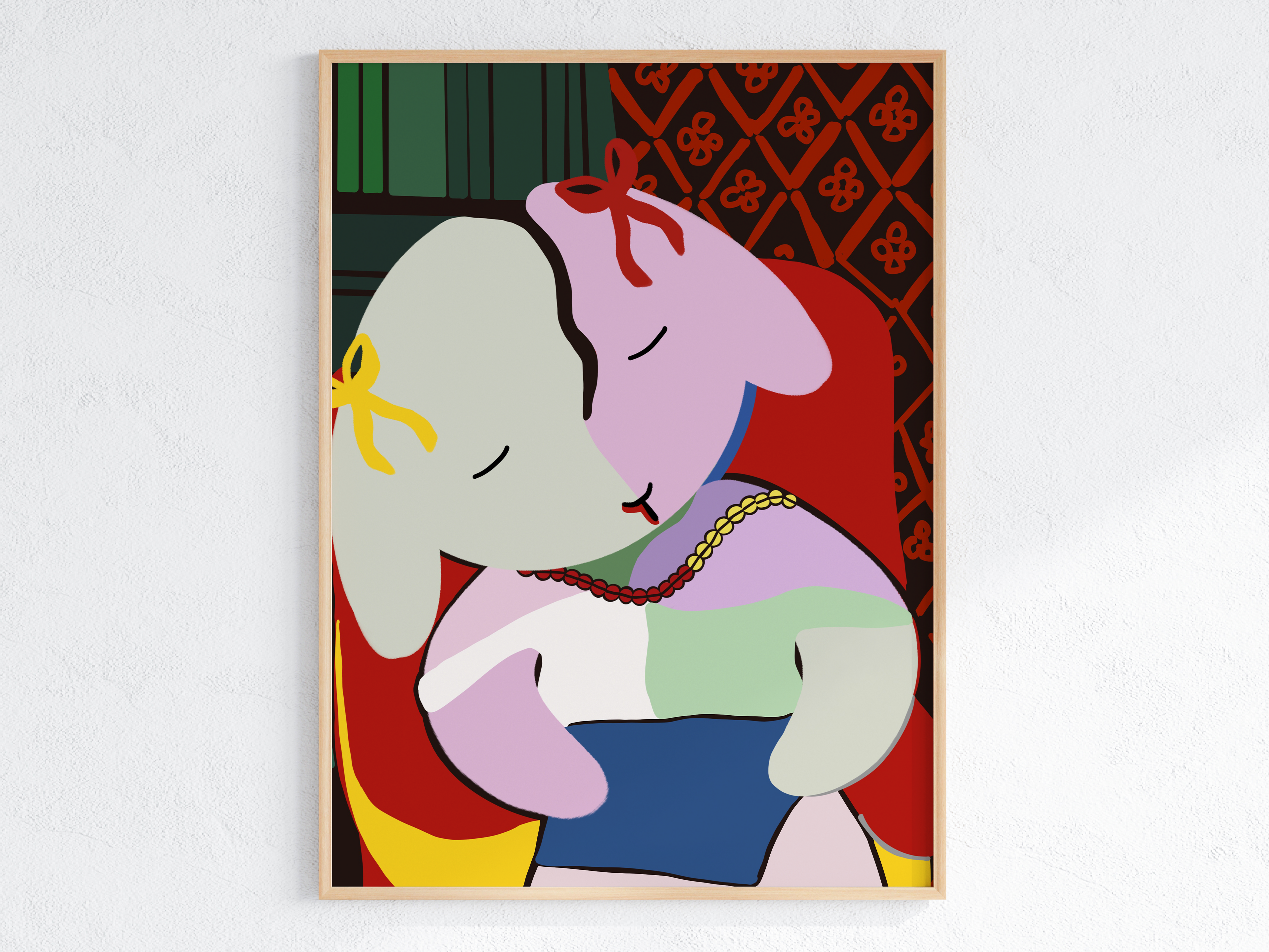 Winnie poses as a famous "Buncasso" painting with a green/white dress on a red chair with a red and black wallpaper shown behind her, and a green wall.