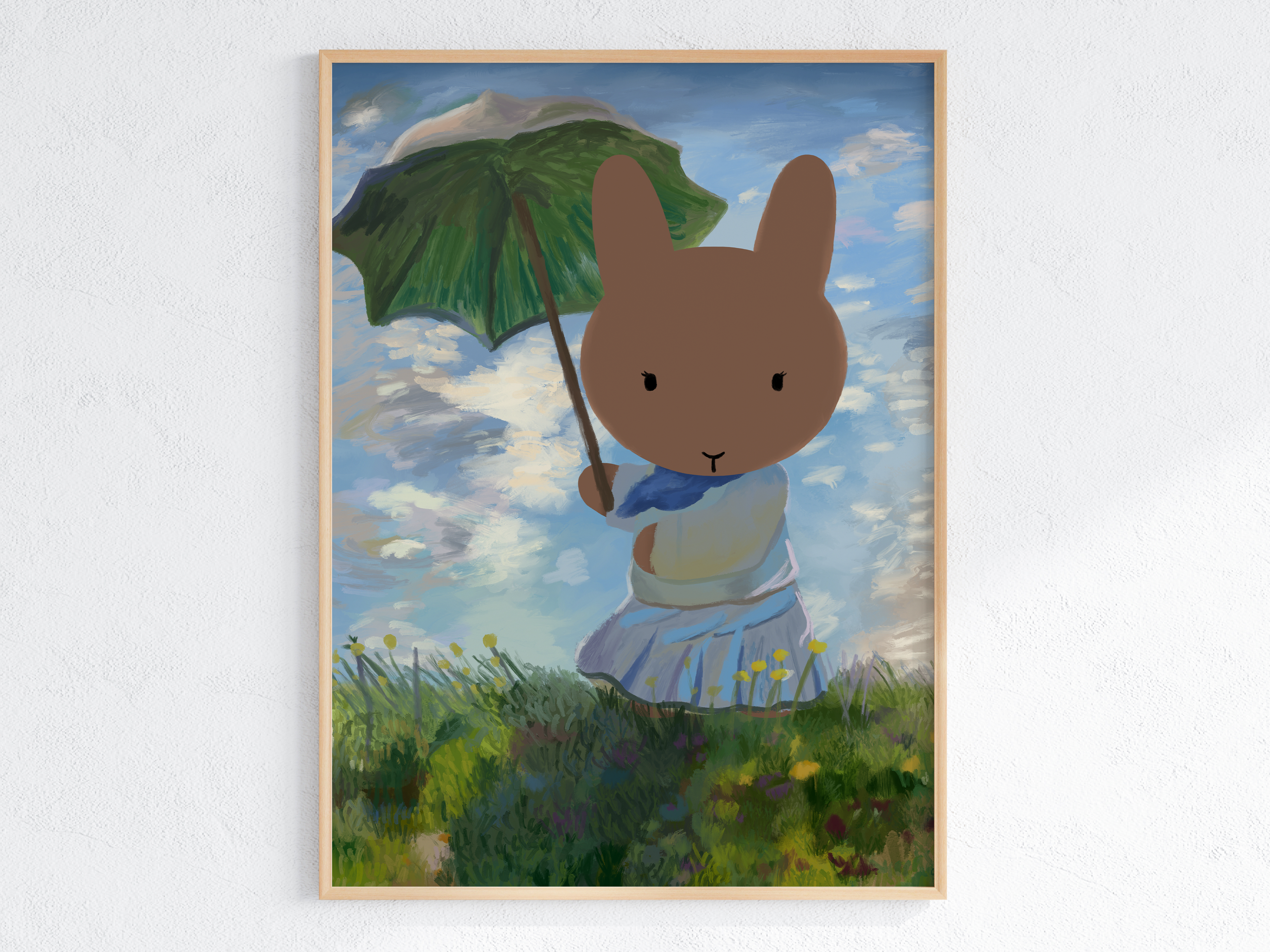 Luna the bun poses with a green umbrella on a hill in a meadow lush in wildflowers. Heavy brush strokes give it a dreamy quality, along with a strong sense of lighting.