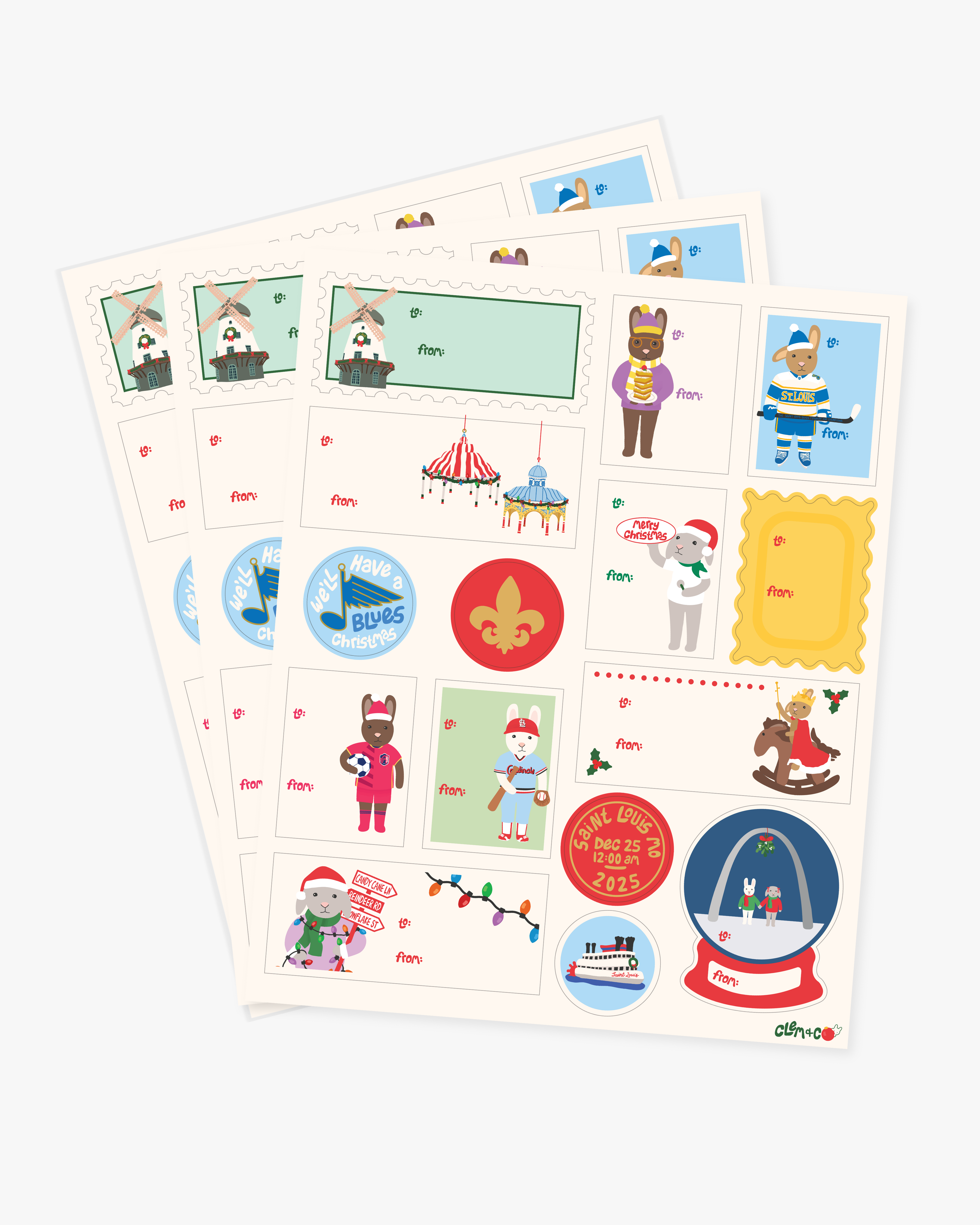 Holiday Gift Tag Sticker/Label Sheet, Set of 3 - Hoppin' Around the Christmas Tree, A Saint Louis Christmas Collection