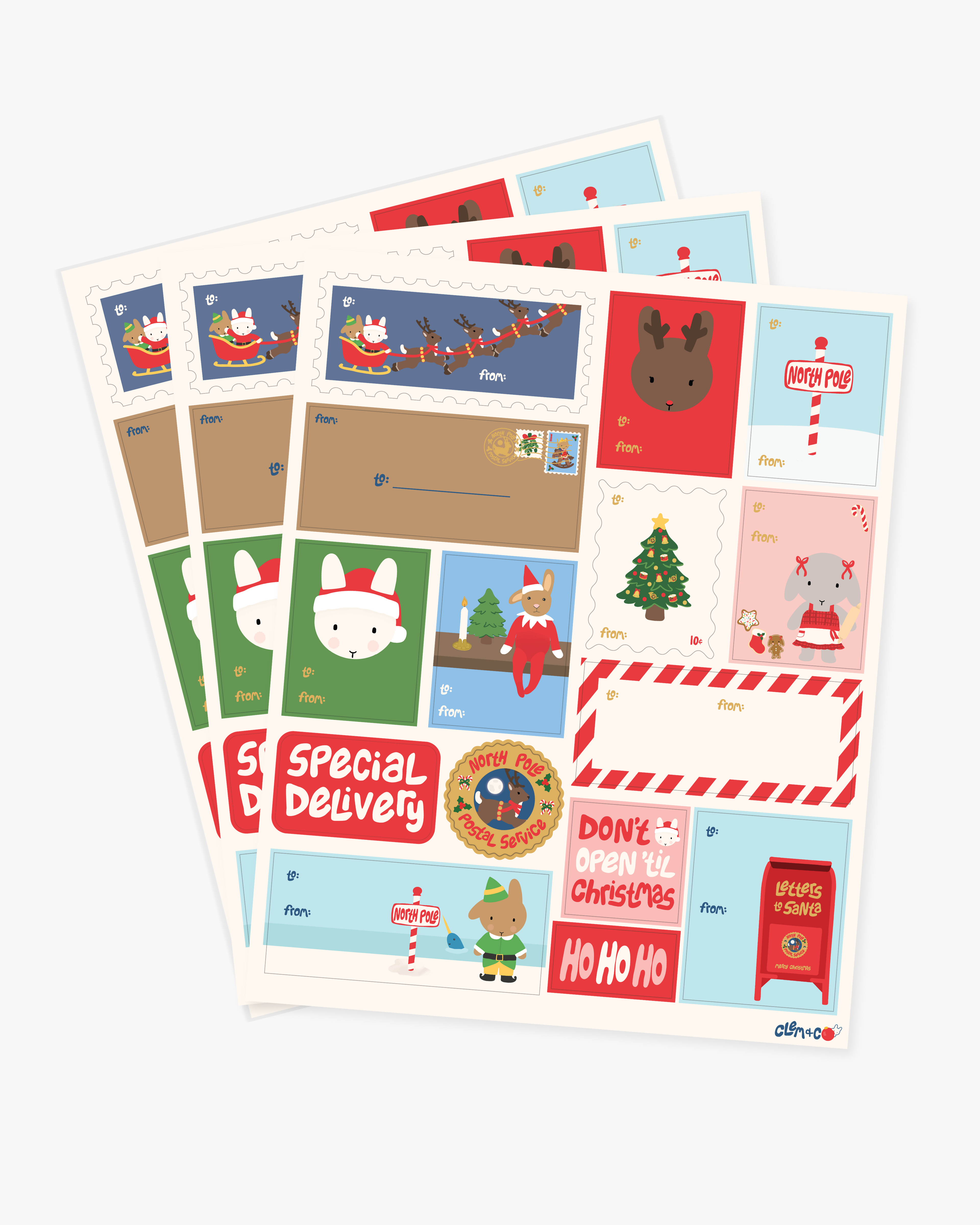 Holiday Gift Tag Sticker/Label Sheet, Set of 3 - Santa Clem is Coming to Town