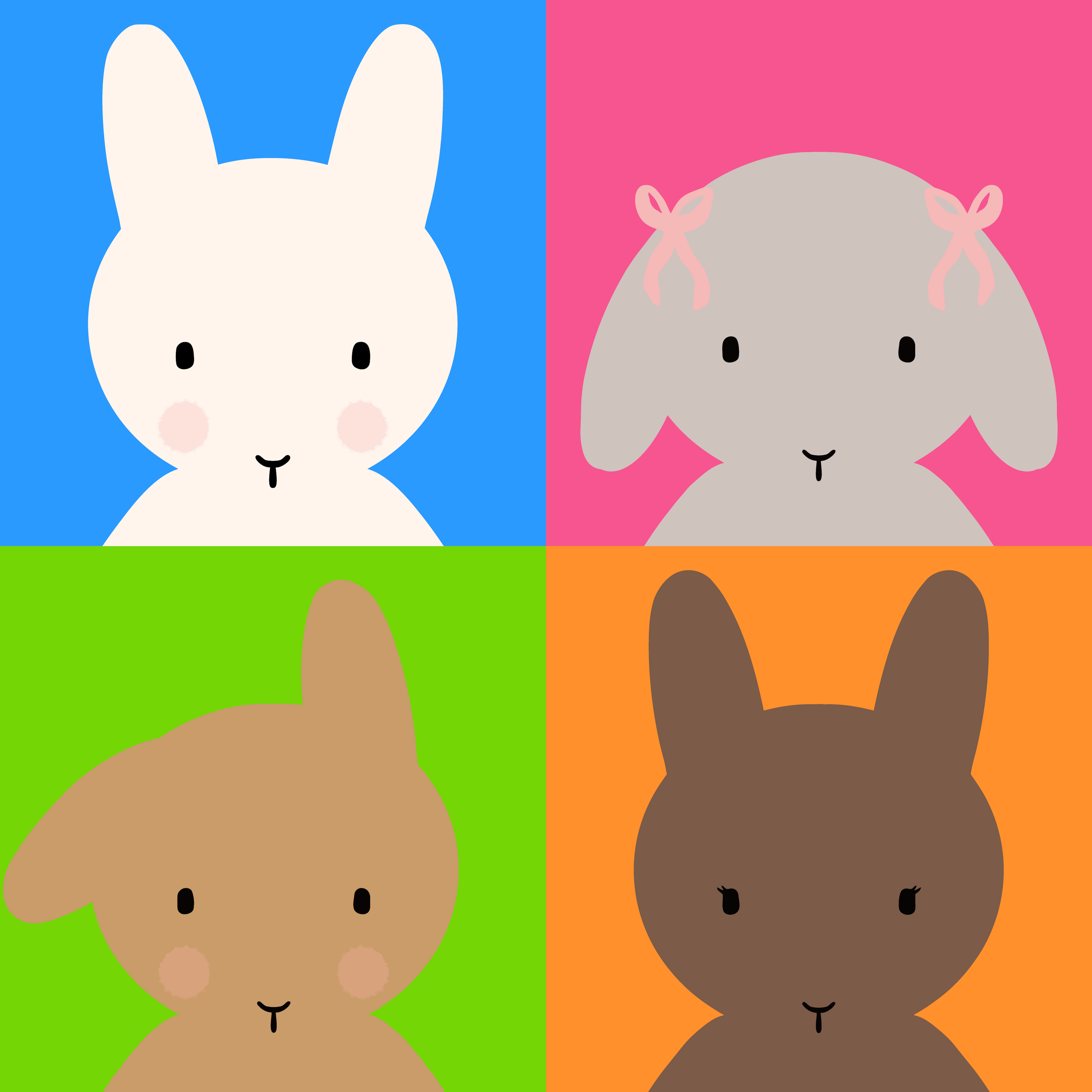 Clem & her bunny friends in 4 quadrants. Blue background behind Clem, pink background behind Winnie, green background behind Claude and orange background behind Luna.