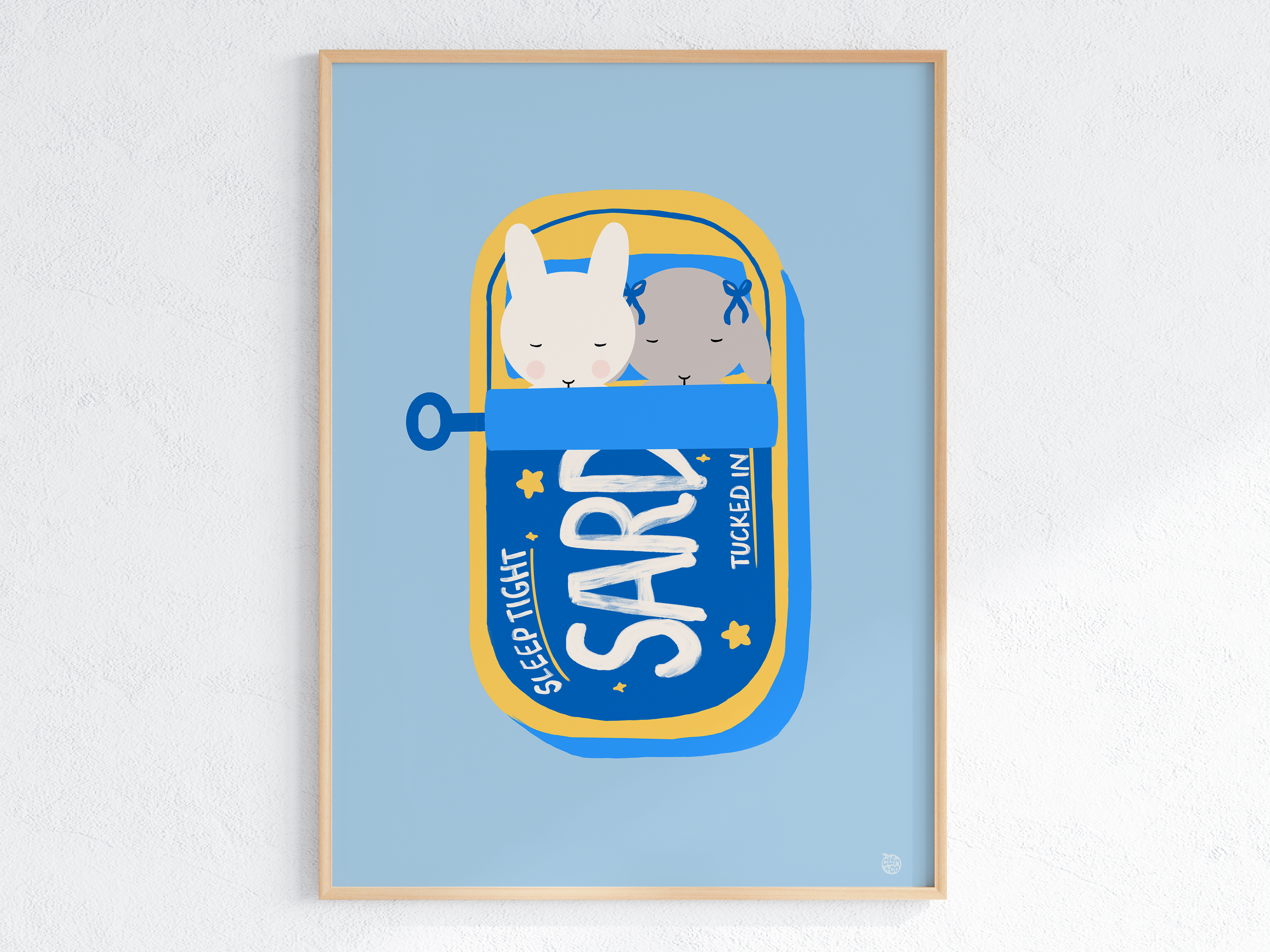 Clem the bun (a white bunny) and Winnie the bun (a gray holland lop bunny with blue bows) are shown sleeping inside a blue and yellow sardine tin. On the sardine tin, it says "Sleep Tight". There is a light blue background.