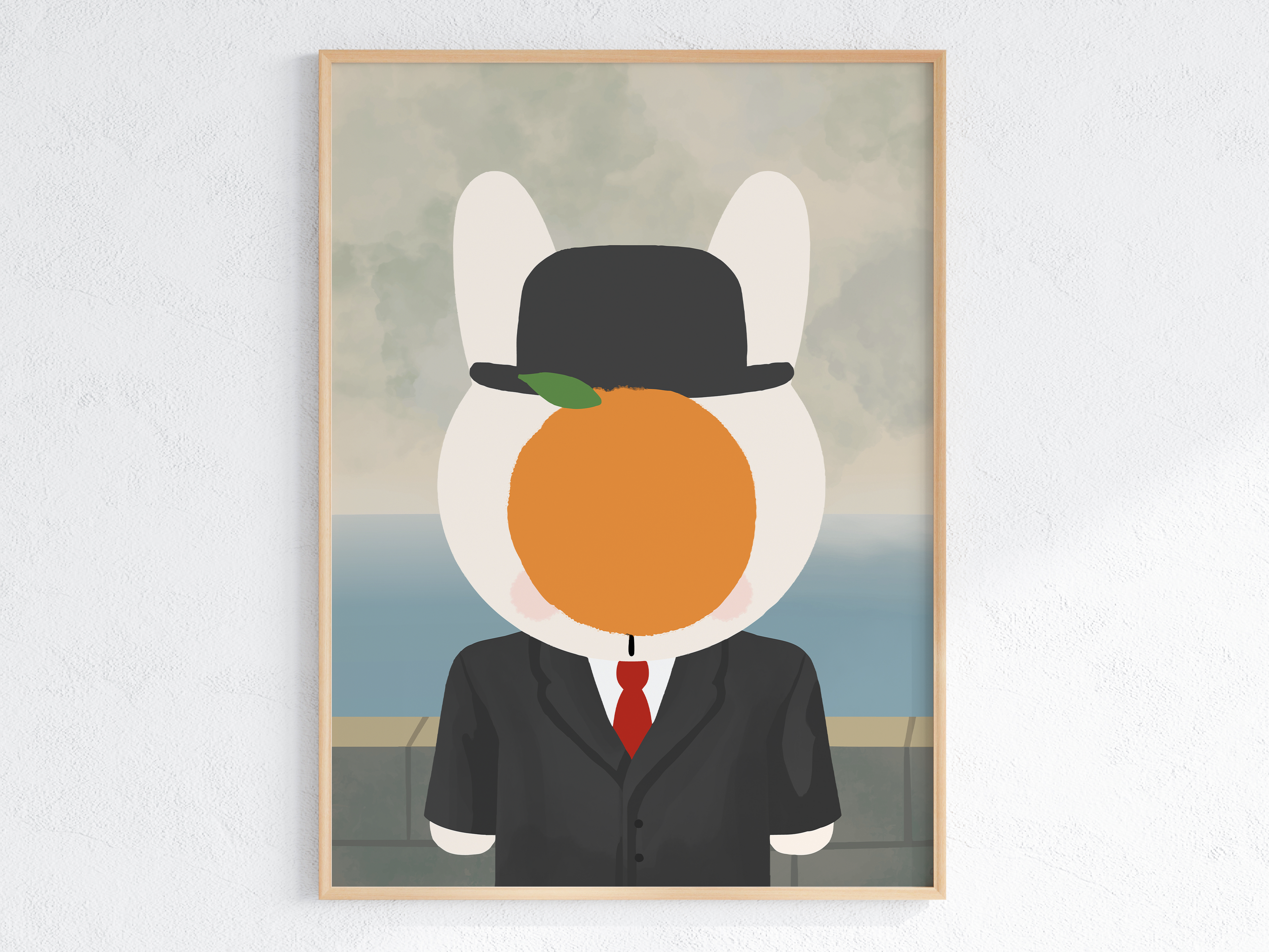 Clem the Bun with a Clementine in front of her head, referencing the painting, "Son of a Man"