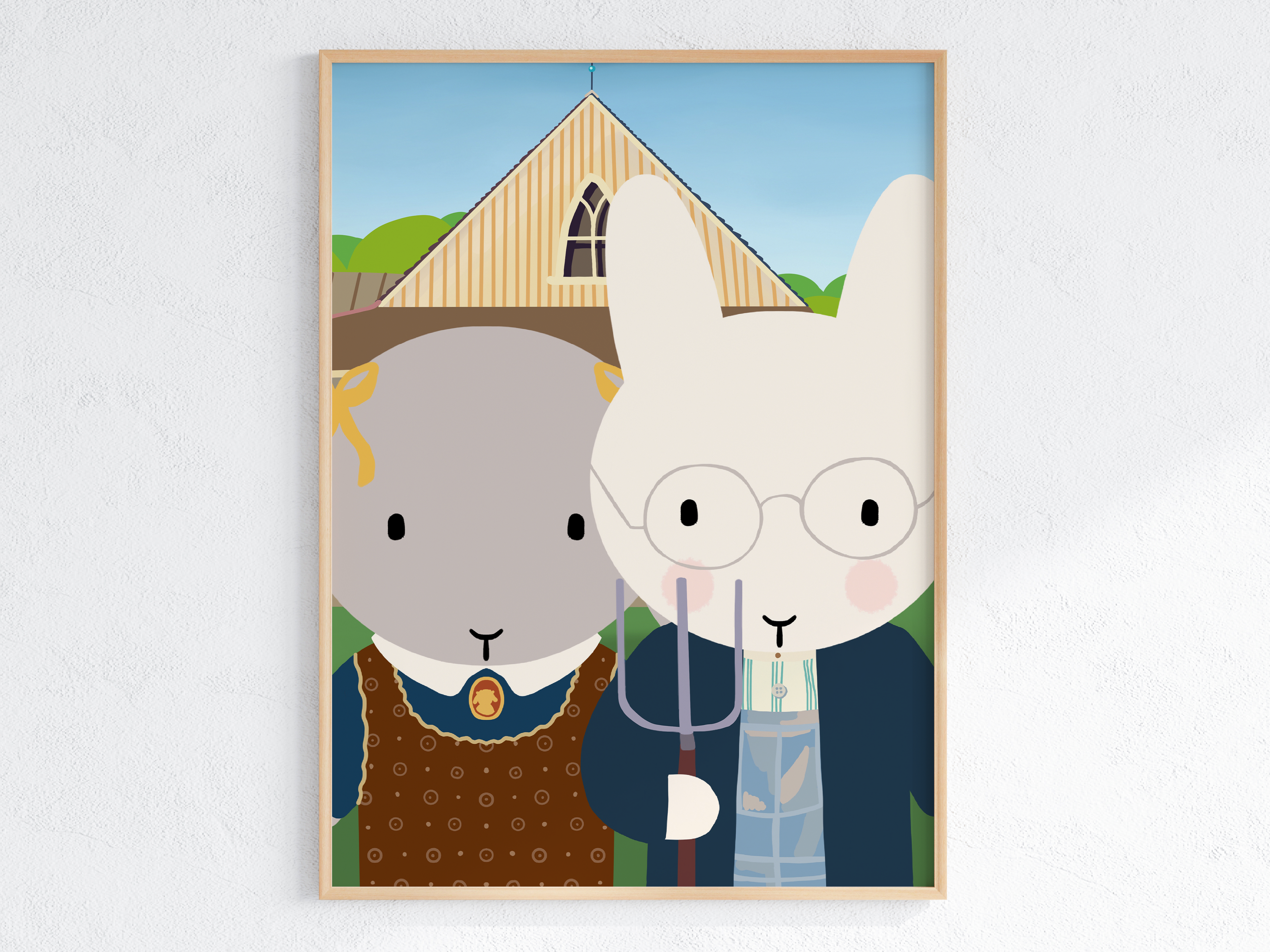 Winnie the bun and Clem the bun pose as the iconic "American Gothic" painting, as a farmer couple in front of a yellow house.