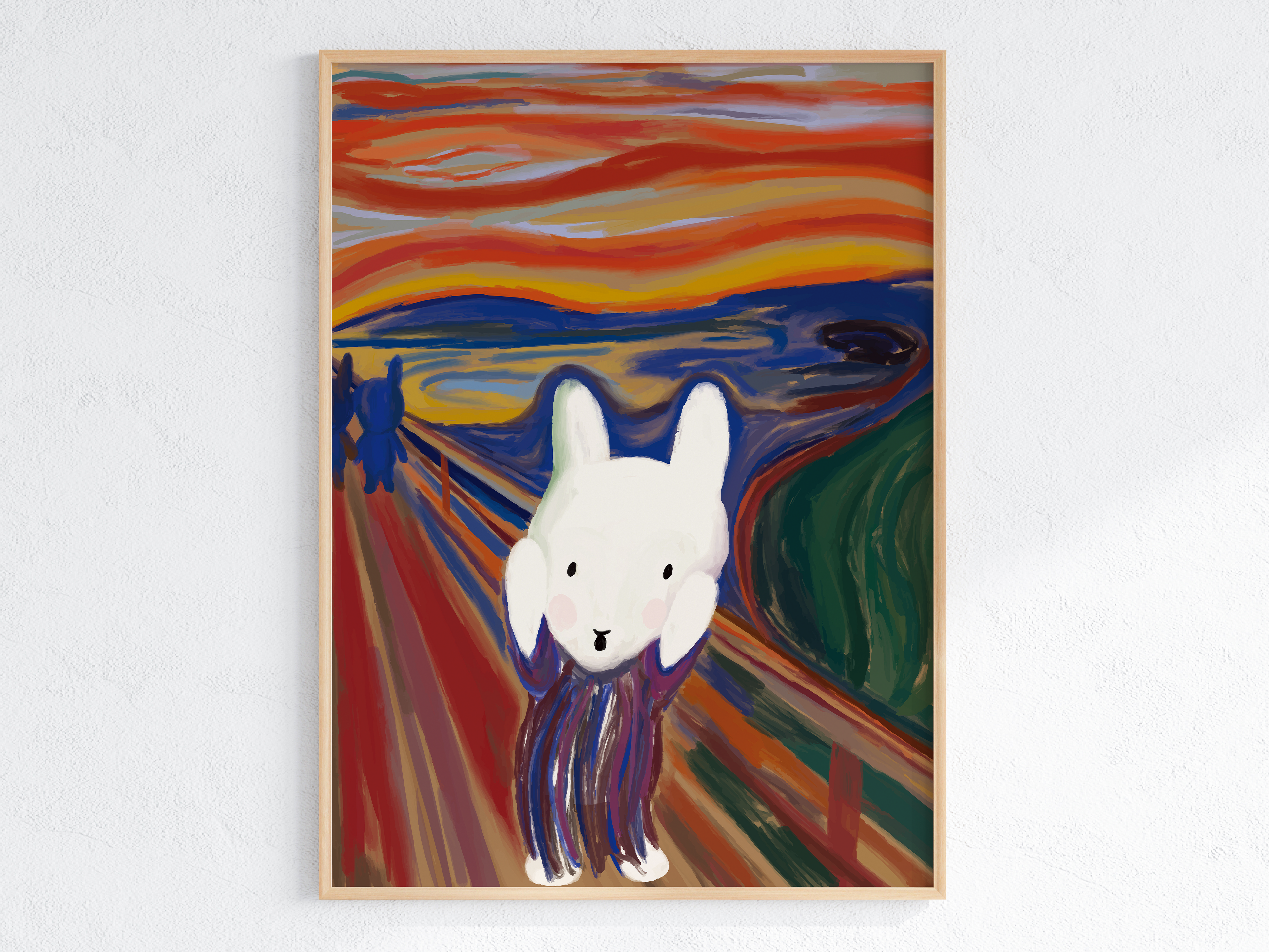 Clem the bun, a white bunny, posing in the iconic Scream artwork. Heavy texture and vibrant colors are used. Two bunny figure silhouettes are present in the distant.