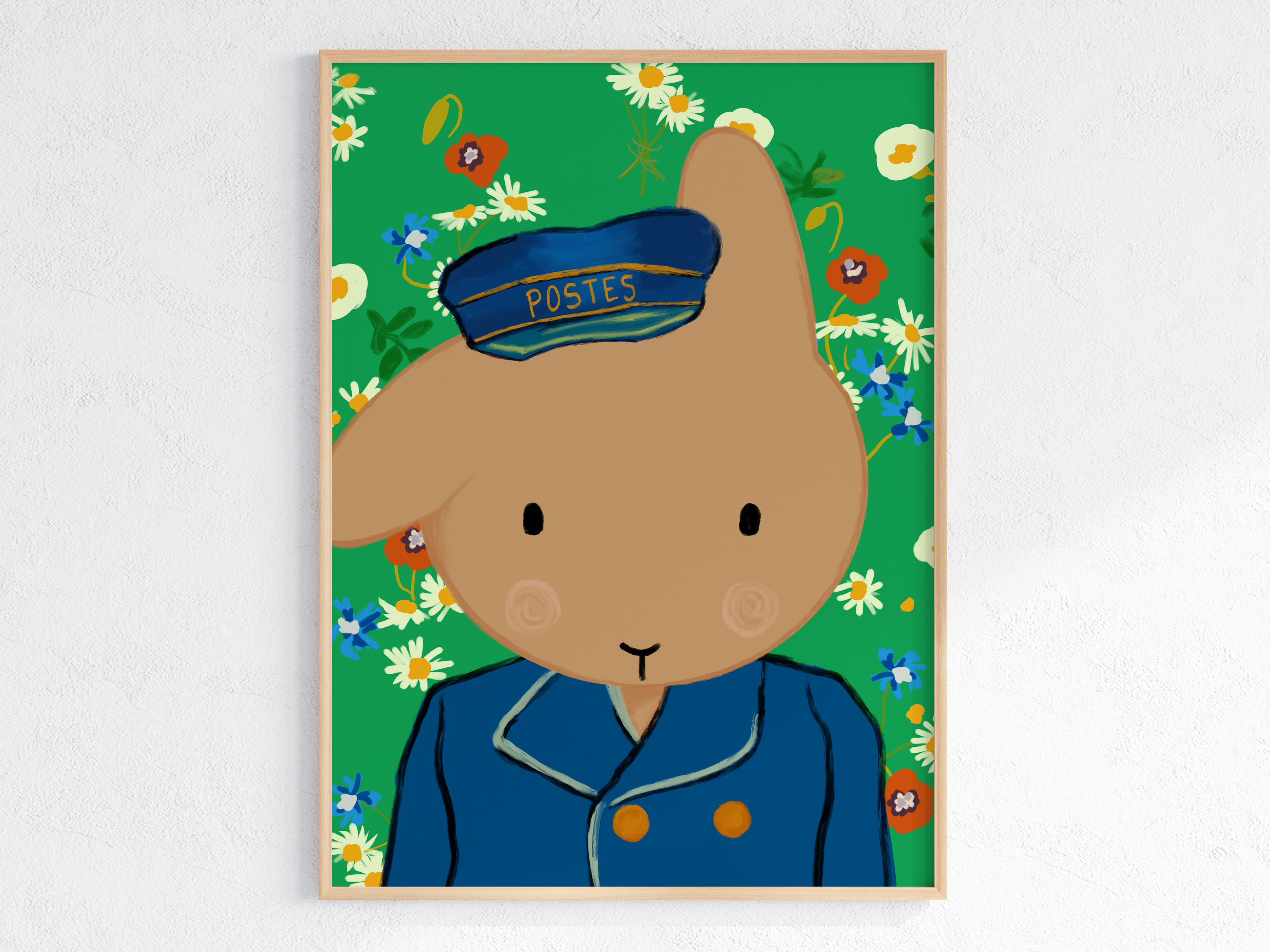Claude the bun poses as a "postbun" in a blue uniform and hat. Behind him is a green floral wallpaper.