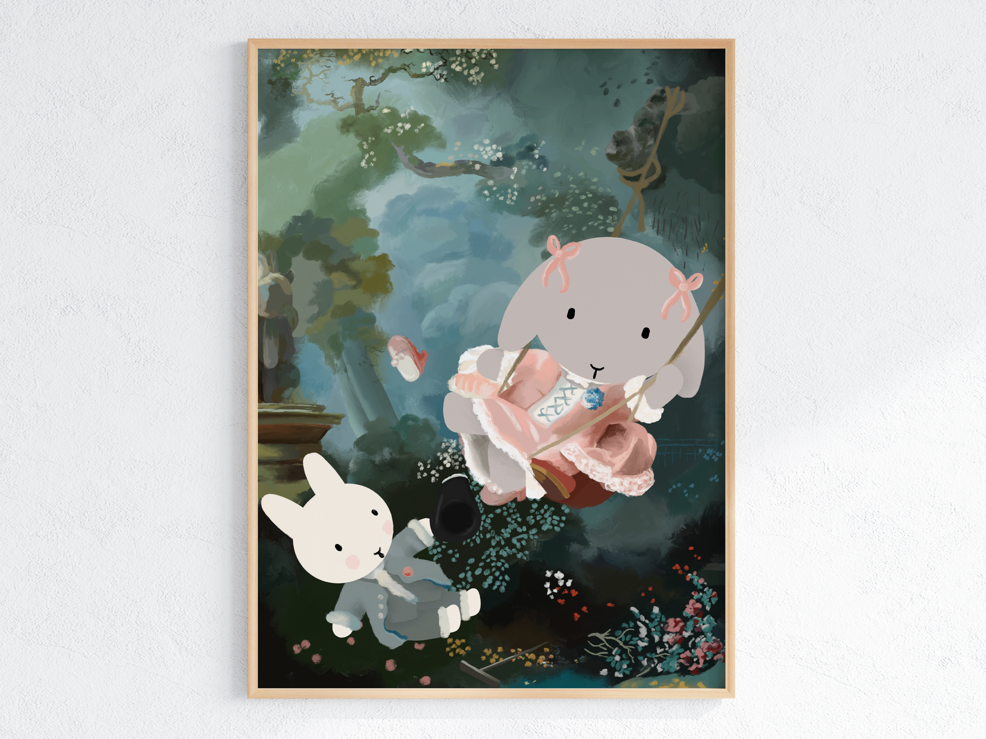 Winnie the bun on a swing dressed in a fancy pink dress with her shoe flying in the air. Clem the bun is shown sitting below looking up at her. Referencing the famous painting, The Swing.