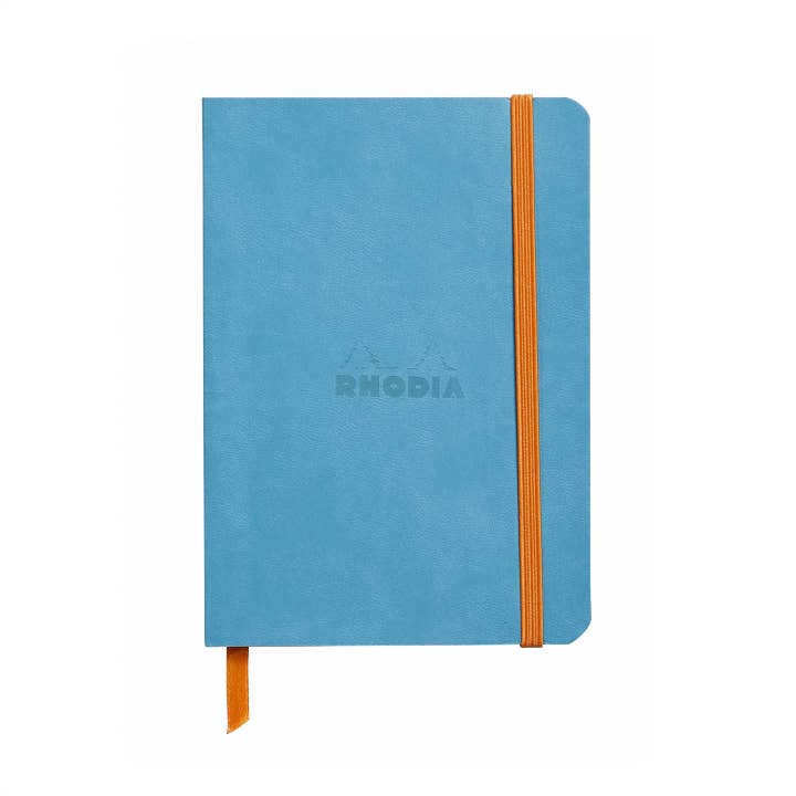 Turquoise colored Rhodia brand journal with an orange strap.