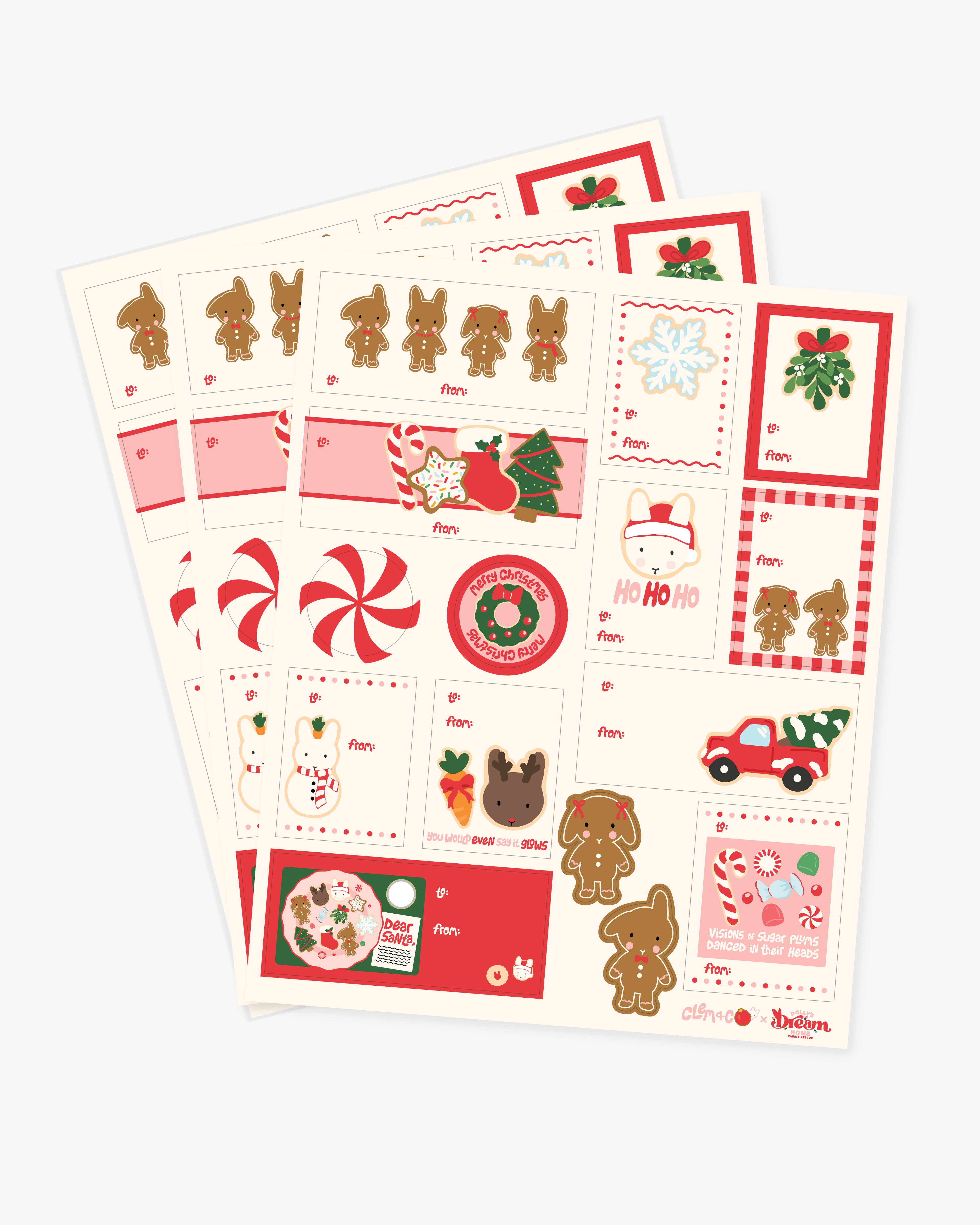 Holiday Gift Tag Sticker/Label Sheet, Set of 3 - Sugar Plums & Gingerbread Buns
