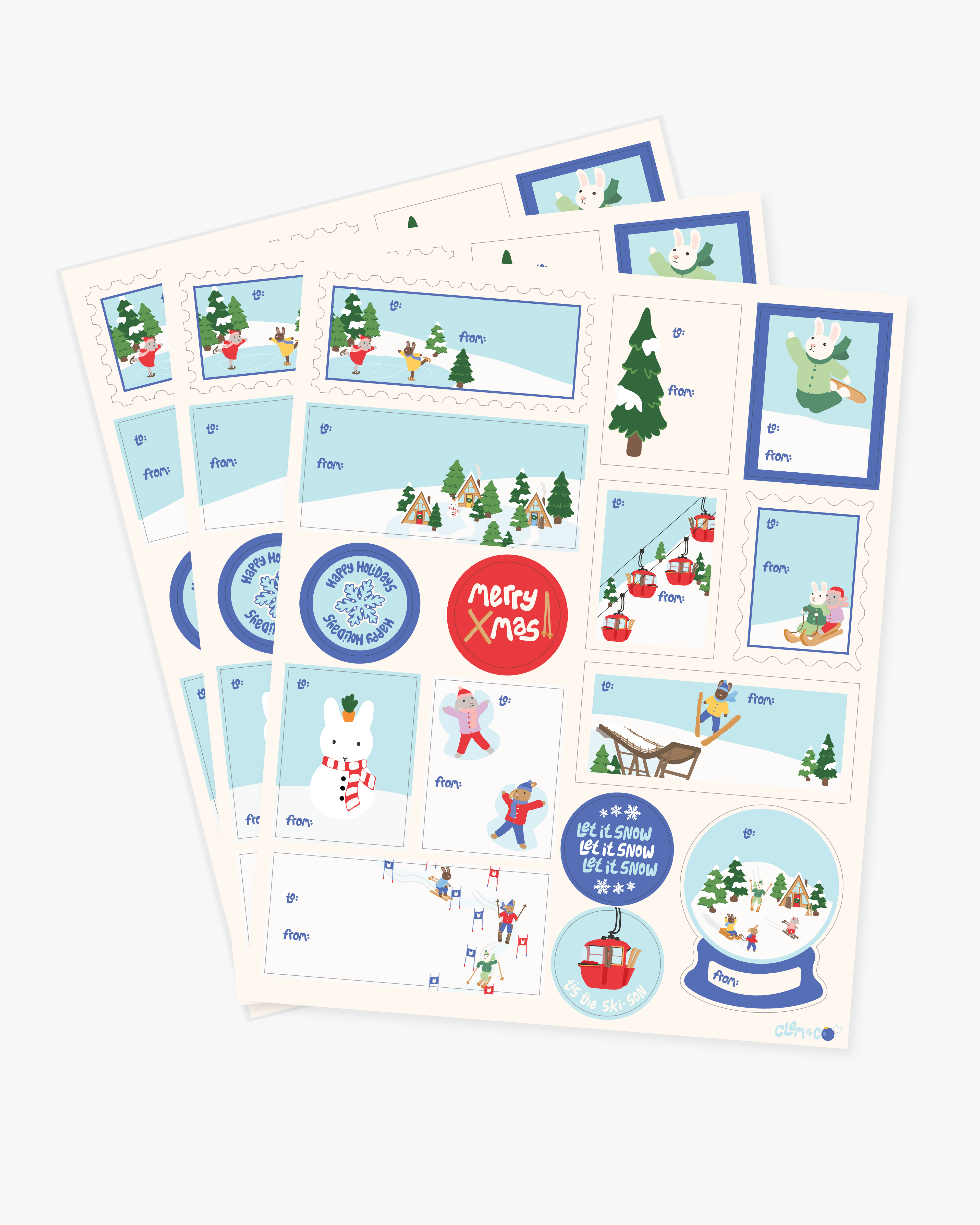 Holiday Gift Tag Sticker/Label Sheet, Set of 3 - Winter Bunderland