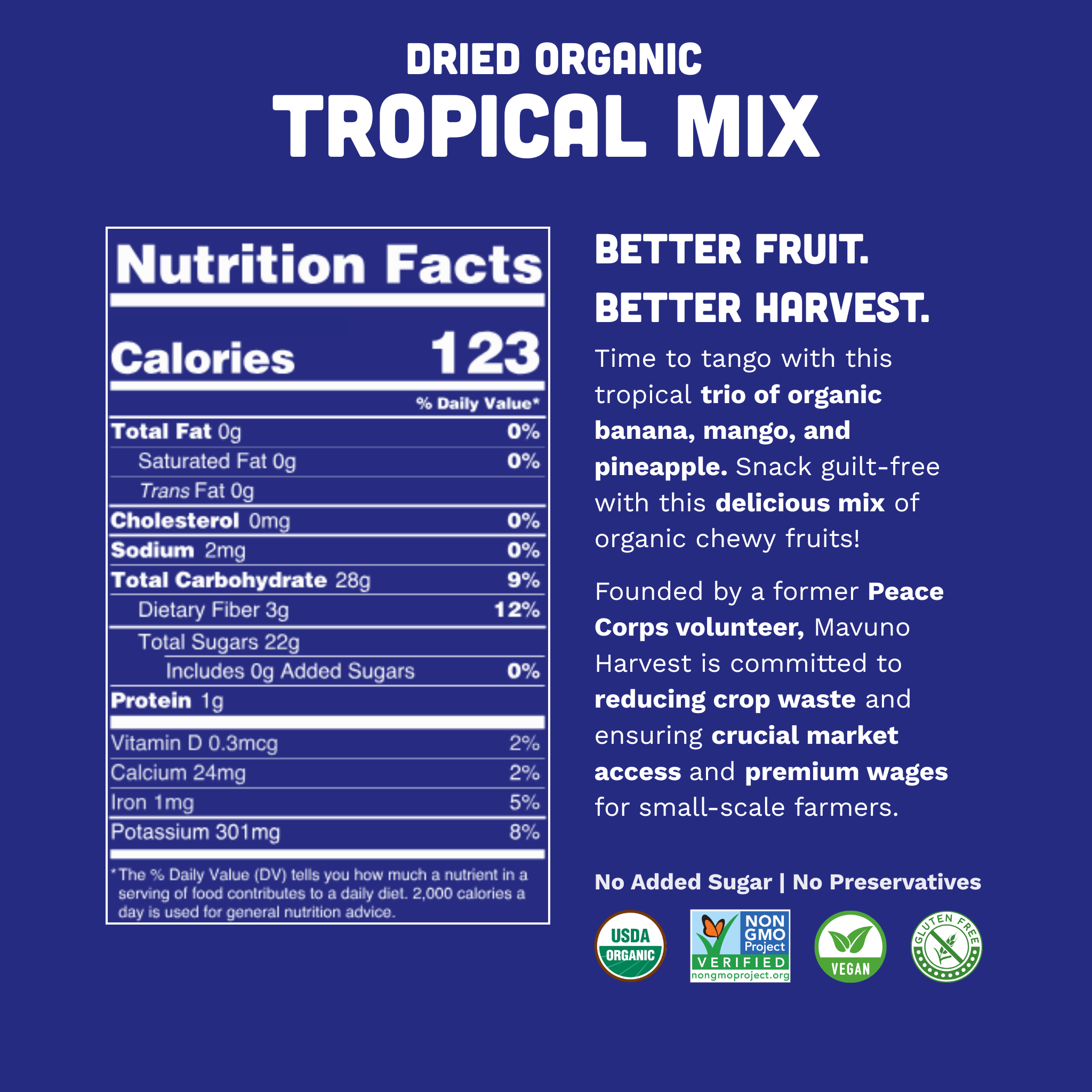 Organic Dried Tropical Mix (Mango, Banana, Pineapple), 2oz